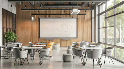 Minimalist classroom with interactive whiteboard and contemporary furniture