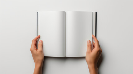 Poster - A book is open to a blank page. The book is held by two hands. The hands are positioned on the book, with one hand on the top of the book and the other hand on the bottom
