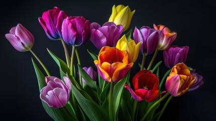 Wall Mural - Macro floral still life of tulip bouquet on black background in vibrant natural colors
