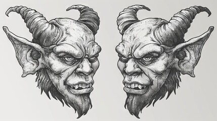 Modern illustration of a goblin monster face with black outlines