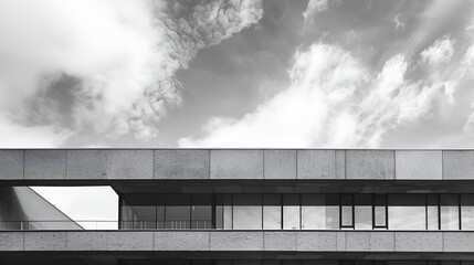 Wall Mural - metal batten facade of a front of modern building,Curtain wall made of toned glass and steel constructions under sky. A fragment of a building. Black and white
