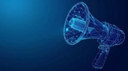 low poly wireframe megaphone on blue marketing background amplifying messages and ideas concept