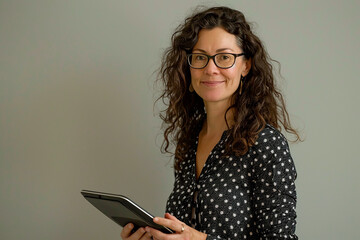 Wall Mural - A woman with curly hair and glasses holding a tablet, smiling warmly in a casual setting, showing friendliness and approachability