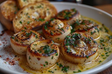 A plate of escargot, served in a garlic butter sauce with fresh herbs and a side of toasted baguette slices. 