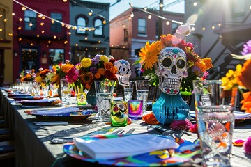 Wall Mural - Colorful ceramic skulls. Day of the dead concept. Mexican traditional holiday. Seattle, USA 