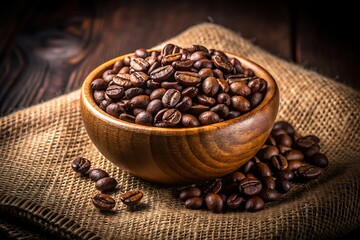 Coffee Beans in Wooden Bowl on Burlap