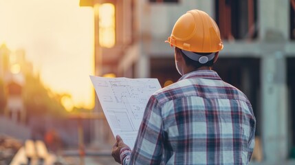 Young professional engineer (from behind) with protective helmet and blueprint paper at house construction site