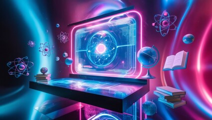 Aufkleber - Futuristic abstract background, futuristic holographic interface and educational icons floating in the air