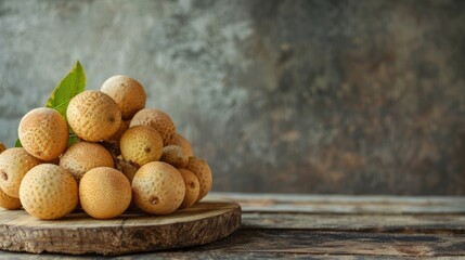 Wall Mural - Selective focus image of longan or kelengkeng fruits on wooden surface with copy space textured grey background