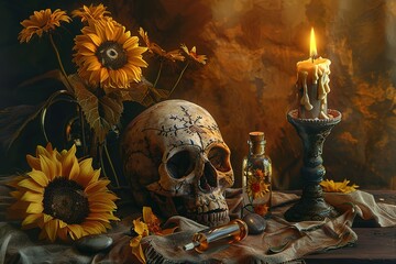 Wall Mural - gold skull for dia de los muertos - day of the dead with candles and flowers