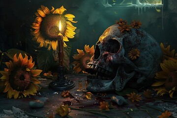 Wall Mural - gold skull for dia de los muertos - day of the dead with candles and flowers