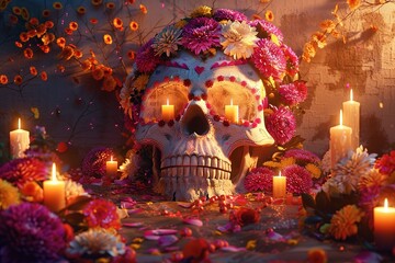 Wall Mural - gold skull for dia de los muertos - day of the dead with candles and flowers