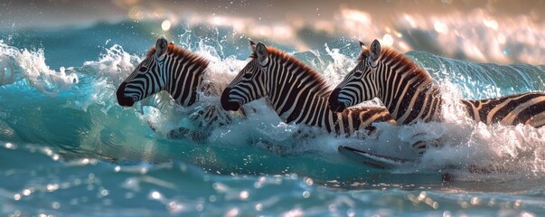Wall Mural - Zebras Plunging Through the Ocean Waves