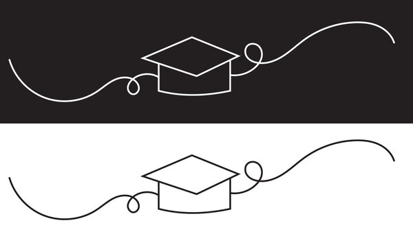 Continuous one single line of graduation hat isolated on white and black background. EPS 10