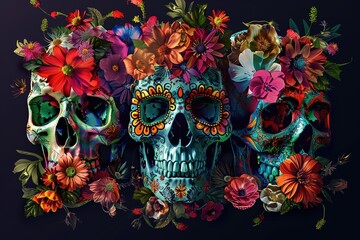 Wall Mural - Day of the dead beautiful colorful illustration, sugar skull decorated with flowers