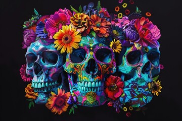 Wall Mural - Day of the dead beautiful colorful illustration, sugar skull decorated with flowers