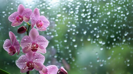 Poster - Pink orchid blooming on a window with rain outside