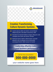 Poster - marketing campaign template design with headline is creation transforming culture dynamic systems. space of photo collage . Advertising banner with vertical layout. blue background.