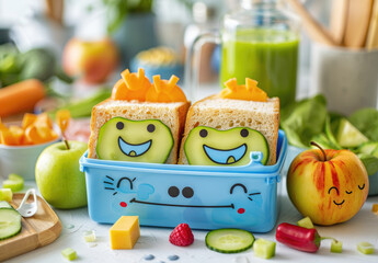 Wall Mural - A colorful and delicious lunchbox filled with healthy food for children, including sandwiches made to look like cute faces, fresh vegetables, fruits, cheese slices cut into stars or hearts, cucumber