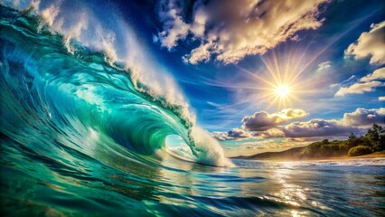 Majestic curl of turquoise wave breaking against vast blue sky with sun-kissed clouds, epitomizing serenity and freedom.