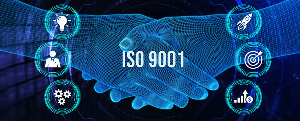 Business, technology, internet and network concept. Virtual screen of the future with the inscription: ISO 9001. 3d illustration