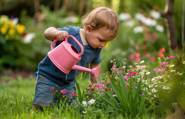 Wall Mural - A toddler watering flowers in the garden with a pink watering can on a summer day. A charming and cute scene of a young boy outdoors doing home gardening work