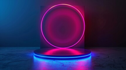 Wall Mural - Cutting-edge 3D Neon Phone Display Mockup. Laser-Empowered Platform with Futuristic Glowing Cyber Stage. Vector.