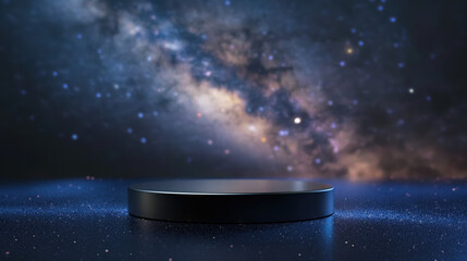 A black podium stands in front of a cosmic backdrop, with the milky way galaxy and twinkling stars.