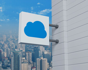 Wall Mural - Cloud computing icon on hanging white square signboard over modern city tower, office building and skyscraper, Technology cloud computing concept, 3D rendering