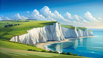 Wall Mural - A serene flat illustration of iconic White Cliffs of Dover against a bright blue sky with lush green grasslands below.