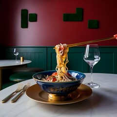 A bowl of crayfish noodles on the table in a gold plate and green blue ceramic bowl. Gold cutlery and a wine glass are next to it on a dark red background wall.