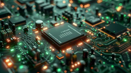 Poster - Top view, Artificial General Intelligence as a super computer made up of many chips and electronic circuits, glowing chip, green digital and futuristic, C4D
