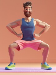 A handsome, cheerful, bearded man in athletic attire performs energetic warm-up stretches on a mat. Front view. 3d illustration in soft hues.