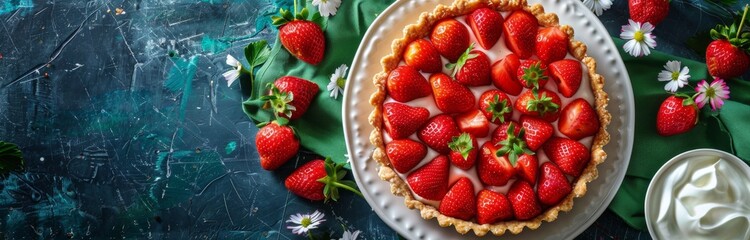 Fresh Strawberry Tart With Whipped Cream on White Plate