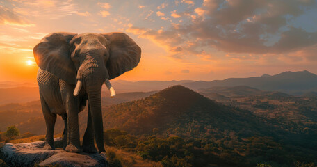 Wall Mural - A majestic elephant standing proudly against the backdrop of beautiful mountains, basking in the golden glow of sunset.