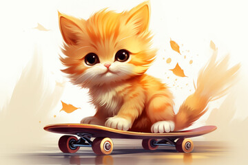 Wall Mural - Adorable cartoon kitten on skateboard illustration, with a beautifully expressive face, on a white background.
