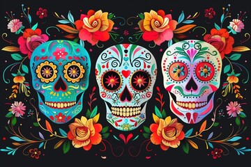 Wall Mural - Day of the dead beautiful colorful illustration, sugar skull decorated with flowers