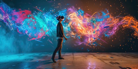 Skilled creative artist using VR glasses painting futuristic digital art at wall. Professional graphic designer making street art by using visual reality goggle with vibrant colorful color. AIG42.