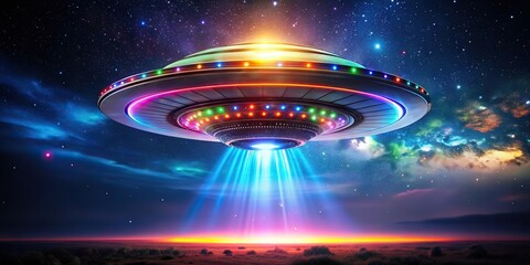 Wall Mural - Majestic UFO hovering in the night sky, emitting colorful lights , UFO, night, sky, mysterious, space, unidentified, flying, object