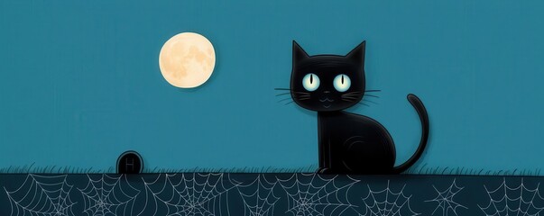 Black cat with glowing eyes in a spider web-covered graveyard, full moon