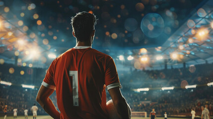 professional football player standing in middle stadium with carrying ball