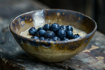 Wall Mural - Oatmeal porridge with fresh blueberries in a blue ceramic bowl