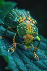 Wall Mural - A minuscule leaf beetle, its body a metallic green, crawls over a dew-covered leaf. The intricate patterns on its exoskeleton reflect the forest's lush beauty.