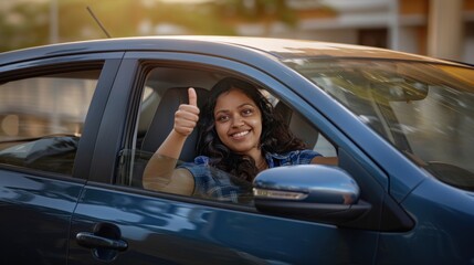 A happy young Indian woman sitting in a car and showing a thumbs up