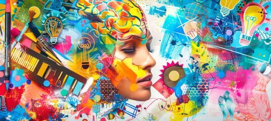 Wall Mural - A vibrant collage showcasing a womans face, partially obscured by a whirlwind of colors, shapes, and abstract elements, symbolizing creativity and inspiration