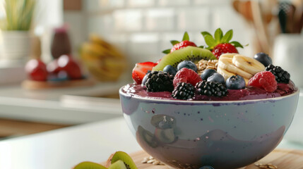 Wall Mural - Colorful acai smoothie bowl topped with fresh berries, sliced banana, kiwi, granola in a bright kitchen setting