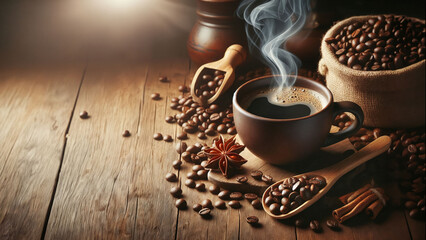 Cup of coffee with steam and coffee beans on wooden background