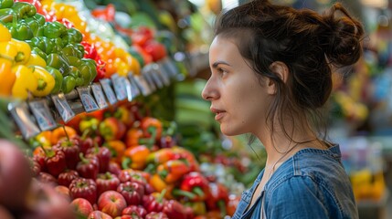 A woman, standing in front of a vibrant fruit and vegetable display, seems to be contemplating her choices.