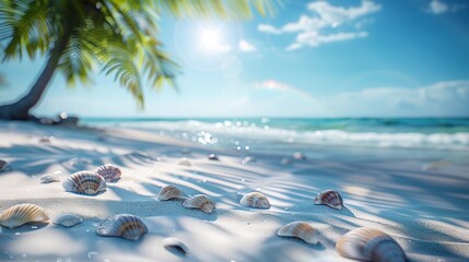 Wall Mural - A beach with shells on the sand and a palm tree, AI