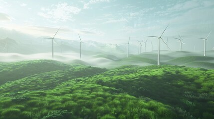 The wind turbine field is in beautiful green hills with clear, cloudy skies. Concept of renewable energy, green energy and ecology